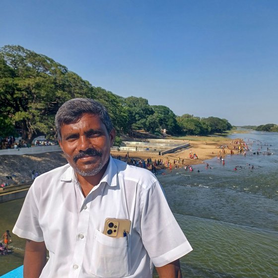 Vadivelan at a nearby dam on the Cauvery (left) and Priya at the Kollidam river bank (right)