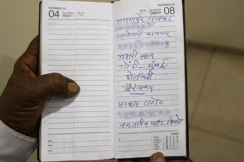 Left: Narayan always talks to the protesting farmers to know more about their struggles and takes notes in his diary. Right: Narayan has sent 250 postcards to Narendra Modi, asking him to repeal the three farm laws