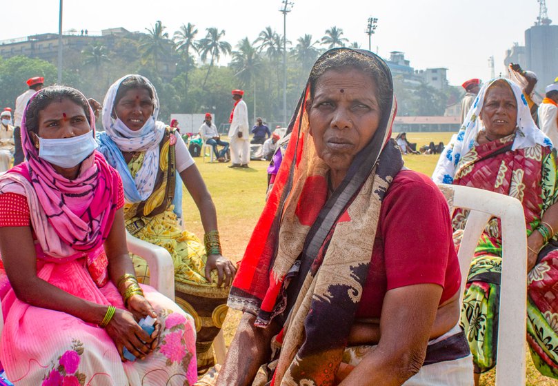 Left: Bhima Tandale at Azad Maidan. Right: Lakshmi Gaikwad (front) and Suman Bombale (behind, right) and Bhima came together from Ambevani village