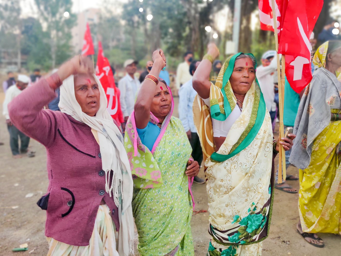 Mangal (right) is more outspoken, Mirabai (middle) is relatively shy, but both women farmers know exactly why they and the other farmers are protesting, and what the fallouts of the farm laws could be