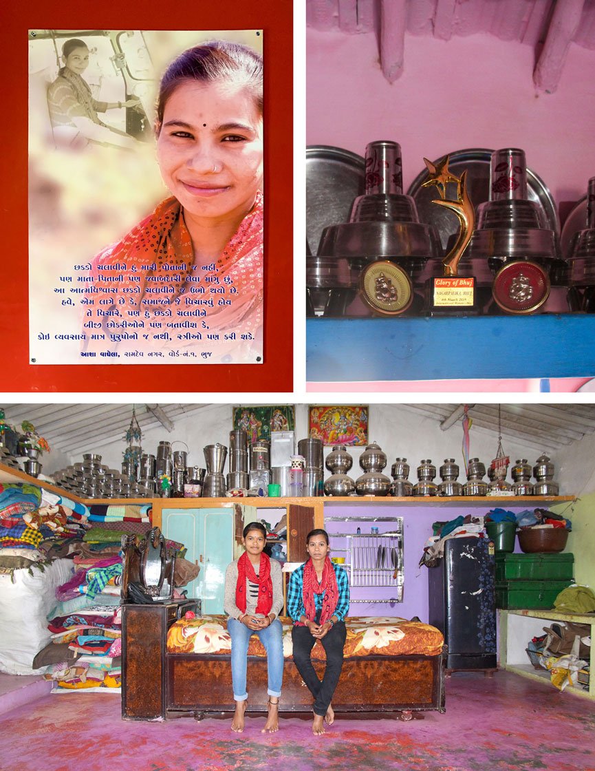 Top left: Asha features in a poster of a women's group. "People of the samaj can question me as much as they want. By driving the chakada I can tell the other girls that no profession is meant only for men, women can do it too." Top right: The 'Glory of Bhuj' trophy awarded to Chandni by Bhuj Municipality on International Women's Day in 2019. Bottom: Chandni and Asha (right) at Asha’s home