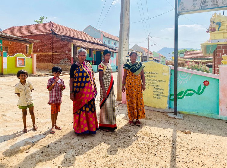 Anganwadi worker Ratnamma (name changed at her request; centre) with Girigamma (left) in Sathanur village, standing beside the village temple. Right: Geeta Yadav says, 'If I go to work in bigger cities in the future, I’ll make sure I follow this tradition'