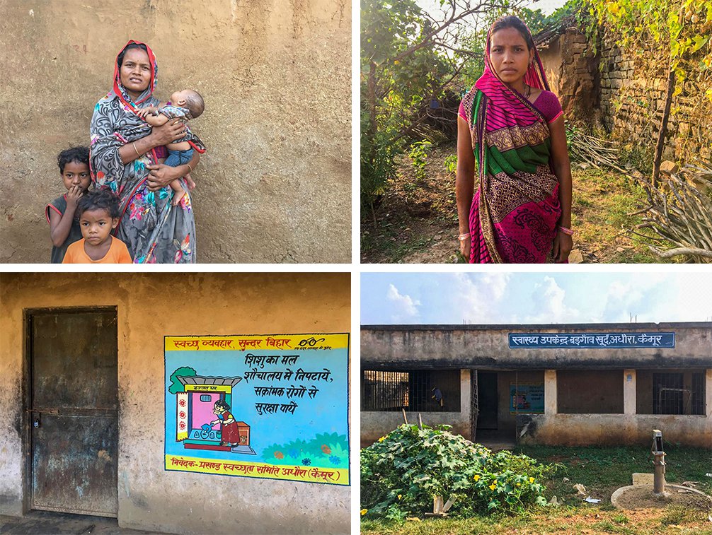 Top left: 'After four children, you don’t need much assistance', says Sunita Devi. Top right: Seven months pregnant Kiran Devi has not visited the hospital, daunted by the distance and expenses. Bottom row: The village's abandoned sub-centre has become a resting shed for animals