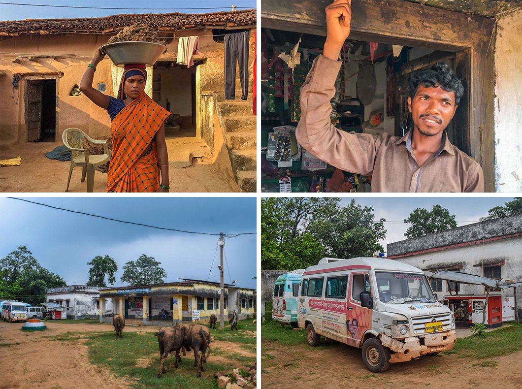 In 2018, Leelavati Devi and Ajay Oraon's (top row) baby girl developed a fever and passed away before they could take her to the PHC located close to the Kaimur Wildlife Sanctuary. But even this centre is decrepit and its broken-down ambulance has not been used for years (bottom row)