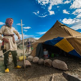 Dohna pitching her family’s tent in a highland summer pasture in Hanle valley, Ladakh