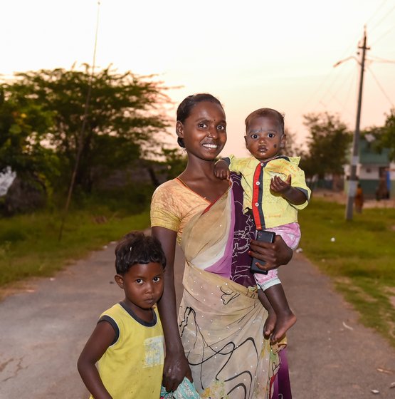 Left: A. Ellamma, 23, stopped going to MGNREGA work when her child was born 2.5 years ago. Right: M. Ankamma, 25, with her two children. On her job, many entries are missing for both attendance and wages