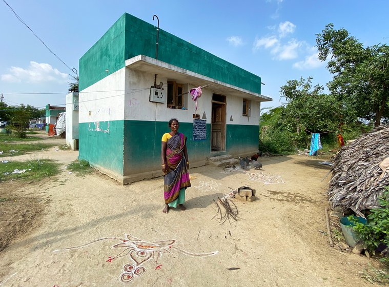 At times, the wages the Irula women count on withdrawing from their accounts fall short, as it did for K. Govindammal  (left) when she constructed a house under the Pradhan Mantri Awas Yojana, and has been the experience of other women too in this small hamlet of Irulas (right)