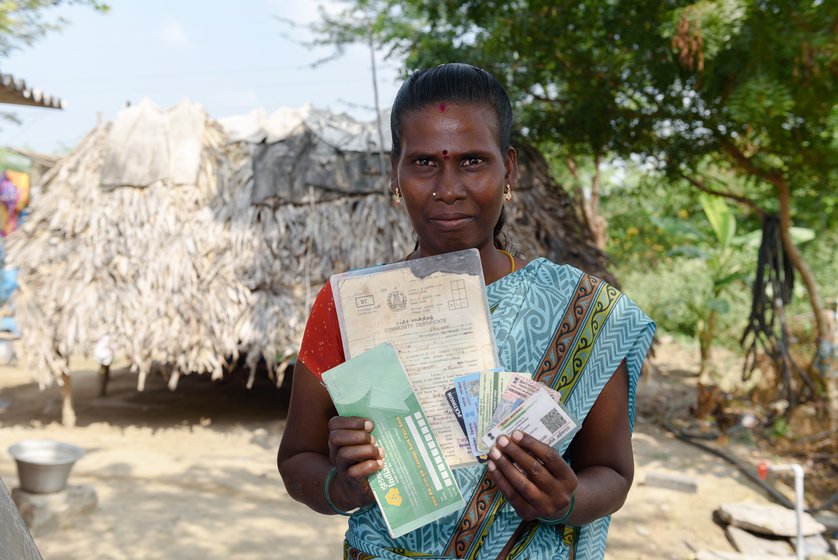 Left: M. Mariammal has ensured all documents are in place so as to not lose out on any benefits. Right: V. Saroja with her NREGA job card, which she got in 2017