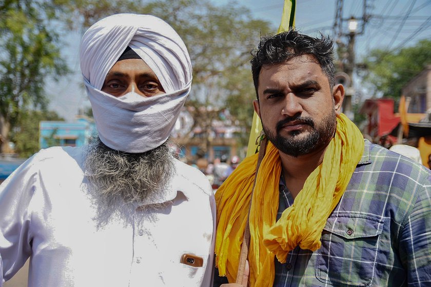 Left: Farmers from Singur and nearby areas gathered for the 'mahapanchayat' on March 14. Centre: Amarjeet Singh, who came from the Dunlop locality, said: 'We couldn't go to Delhi [to join the farmers’ protests} but we have come here, and until the black laws are repealed, we will support the agitation'. Right: Jitendra Singh and Navjyot Singh were there because they want the farmers of West Bengal to know more about MSP and the fallouts of the three farm laws