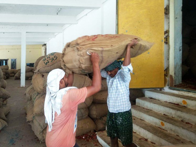 Workers helping each other to carry sack of mirchi