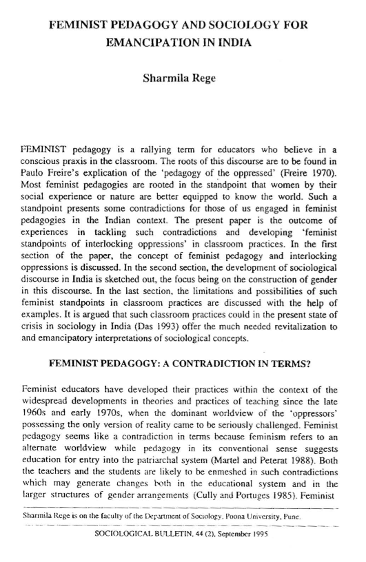 Feminist Pedagogy and Sociology for Emancipation in India