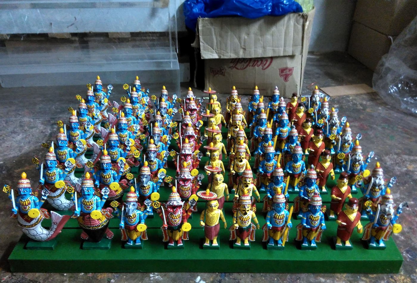 Wooden toys depicting Vishnu's dashavatar displayed 