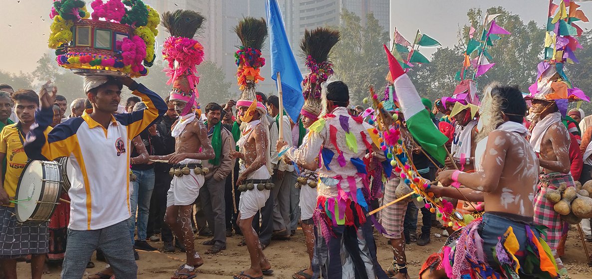 Adivasi farmers from villages of Nandurbar district in Maharashtra performing their traditional dance at Ramlila Maidan