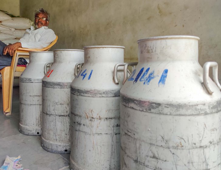 Cans of milk at Arun Jadhav's shop. More than 70 per cent of the milk produced in Sangli is procured by private companies