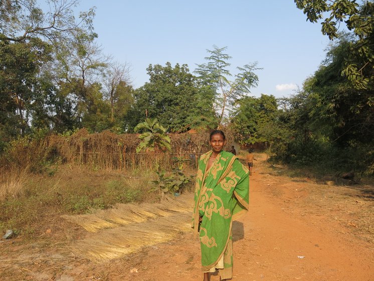 Left: While a  forest department signboard in Patrapali advocates forest protection, officials have issued a clearance for the coal mine, noting that the effect of cutting of 1.3 lakh trees 'will be negligible'. Centre: Bijli Munda of Mundapada, Talabira, with the brooms she makes with forest produce, which she will sell for Rs. 20-25 each. Right: Brooms drying outside houses here; these are just one of the many forest products from which villagers make a livelihood