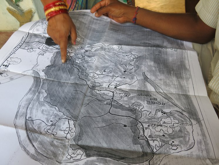Left: Patrapali sarpanch Sanjukta Sahu with a map of the forestlands which the village has claimed in 2012 under the Forest Rights Act. The administration has still not processed the claim. Centre: Villagers here also have documents from 2012 for filing community forest claims. Right: People in Talabira show copies of their written complaint about the forgery of gram sabha resolutions awarding consent for the forest clearance
