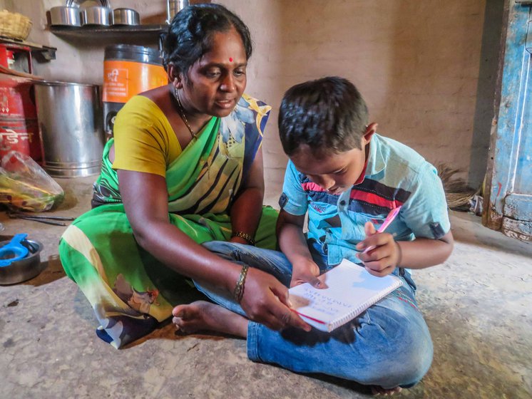 'His teacher gave colour and alphabets charts, but he doesn’t listen to us and we also have to work', says Sharada, who handles housework and farm work