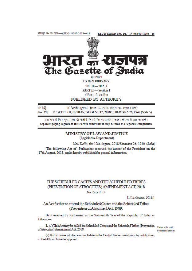 The Scheduled Castes and the Scheduled Tribes (Prevention of Atrocities) Amendment Act, 2018