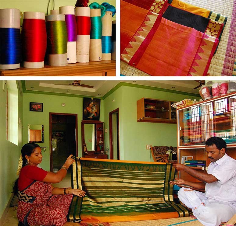 Top row: Silk thread (left) and silk-cotton sarees. Bottom: Master weaver Mohan (right) folds a new silk-cotton saree