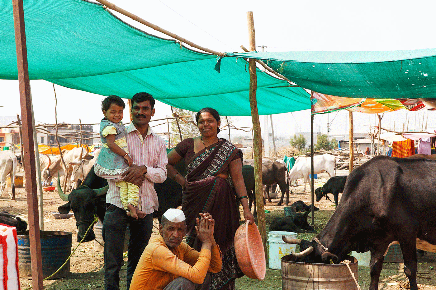 Sarika and Anil Sawant with their family at the cattle camp