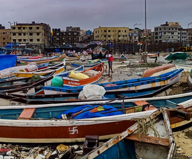 Photos taken by Dinesh Dhanga, a Versova Koliwada fisherman, on August 3, 2019, when boats were thrashed by big waves. The yellow-ish sand is the silt from the creek that fishermen dredge out during the monsoon months, so that boats can move more easily towards the sea. The silt settles on the creek floor because of the waste flowing into it from nallahs and sewage treatment facilities 