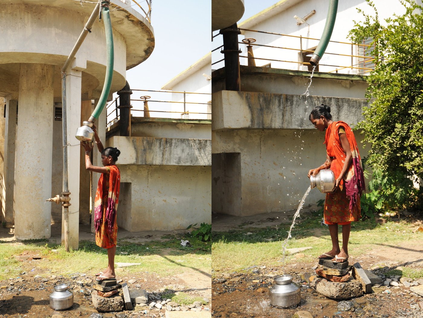 Two frames of women trying to fetch water