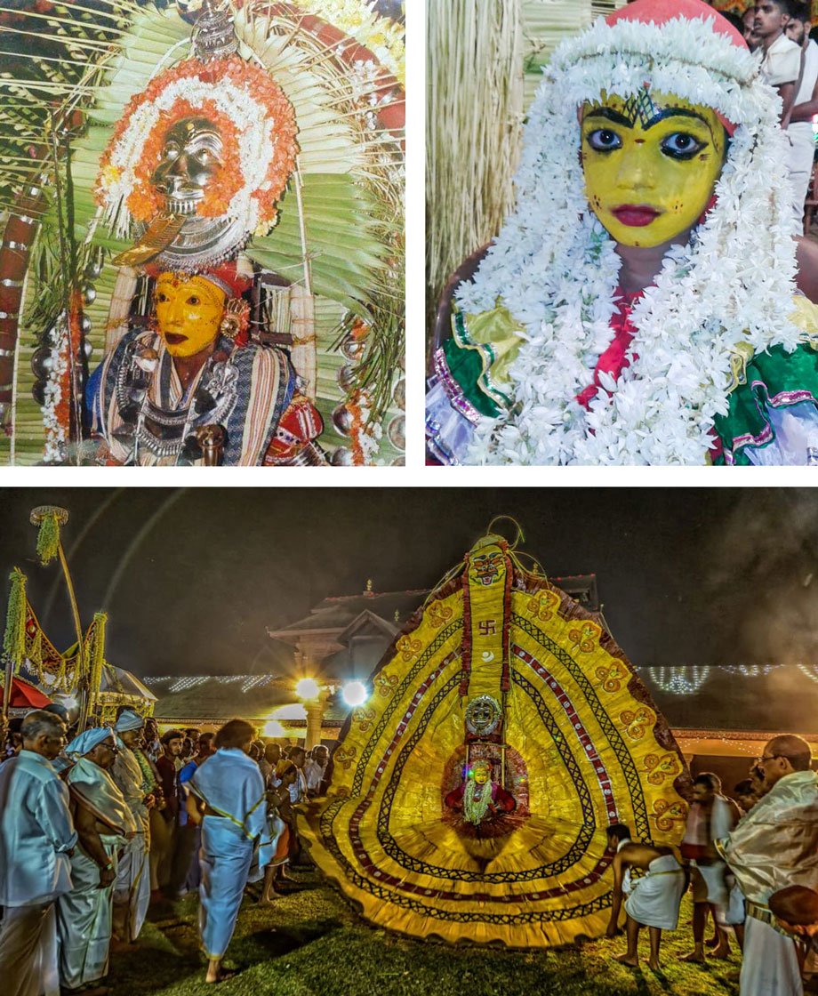 Kathalsar (bottom; as Arasu Ullaya Daiva) learned the kola performance by observing his father Guruvappa Bangera (top-left, as Kantheri Jumadi Daiva). Kathalsar's son Keerthan is in Class 9 and attempted his first impersonation three years ago (top-right)