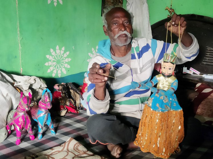 Chamanlal Bhat (left), Ashok Bhat and his wife (right) have made puppets and performed shows with them across the country