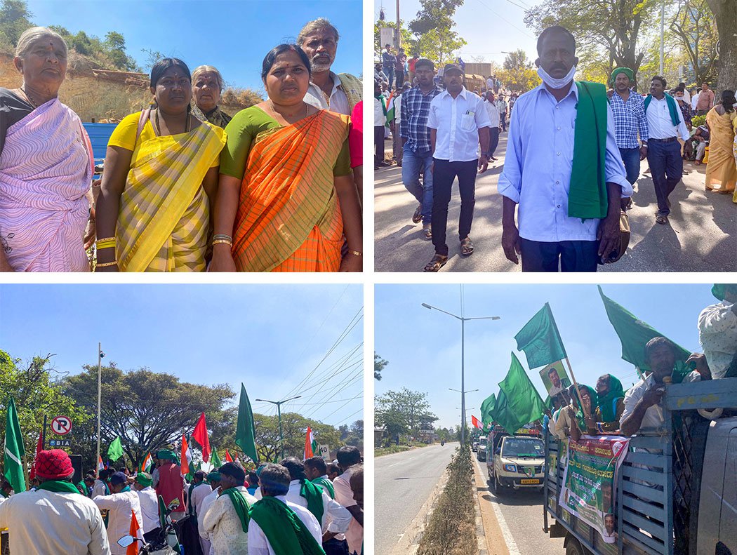 Top left: T.C. Vasantha (in orange saree), Putta Channamma (in yellow) and other farmers from Mandya assembled in Bidadi, near Bengaluru. Top right: R.S. Amaresh arrived from Chitradurga. Bottom: Farmers on their way to Bengaluru's Freedom Park