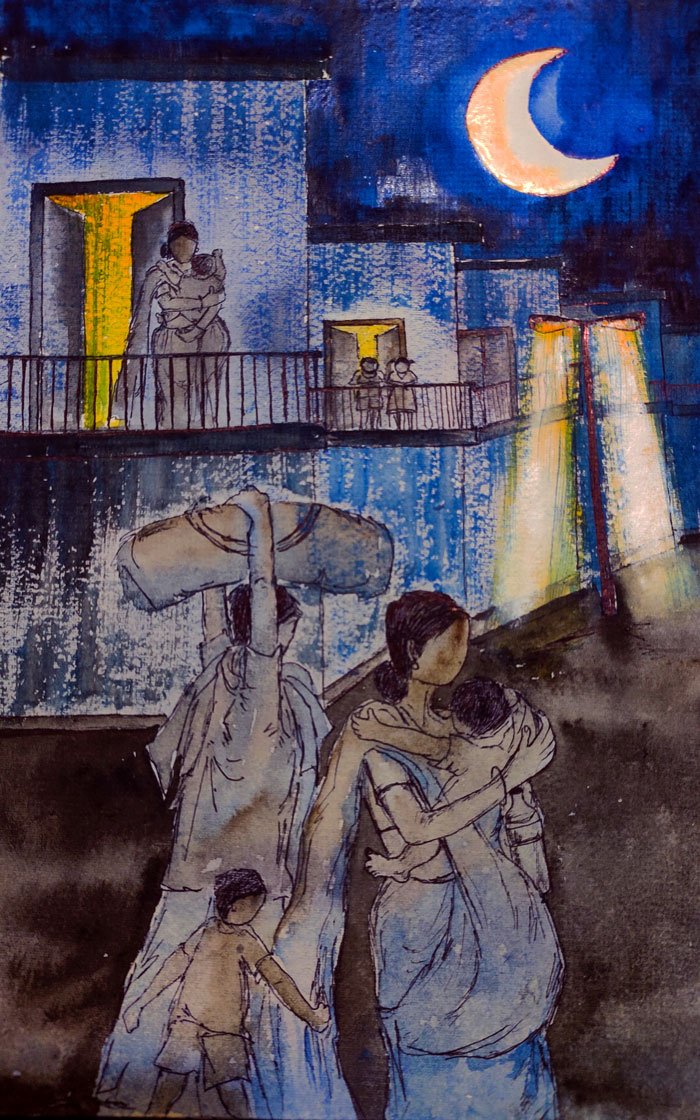 Both the paintings with this poem are an artist's view of the trek by migrant workers across the country. The artist, Labani Jangi, is a self-taught painter doing her PhD on labour migrations at the Centre for Studies in Social Sciences, Kolkata

