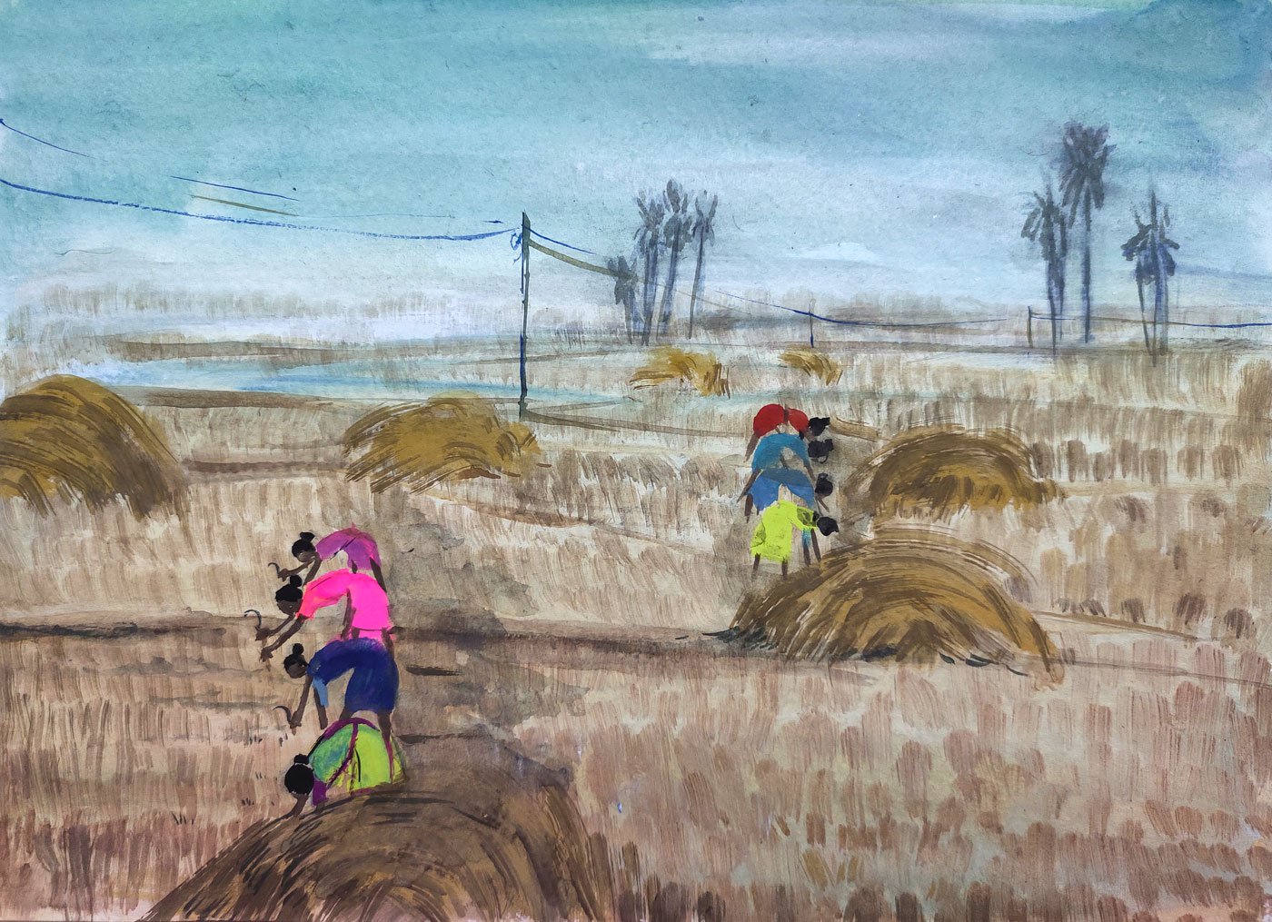 Women at work in the fields. Most of the families in these villages own agricultural land where they primarily cultivate paddy. It was harvest time when the artist visited Deocha