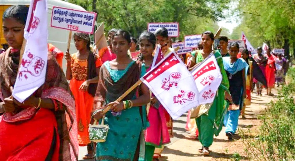A protest by workers of Natchi Apparel in Dindigul, demanding justice for Jeyasre Kathiravel (file photo). More than 200 workers struggled for over a year to get the management to address gender- and caste-based harassment at the factory