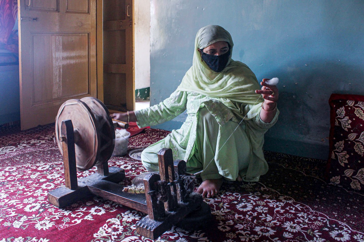 Fahmeeda Bano usually takes a month to spin enough thread for a regular-sized pashmina shawl