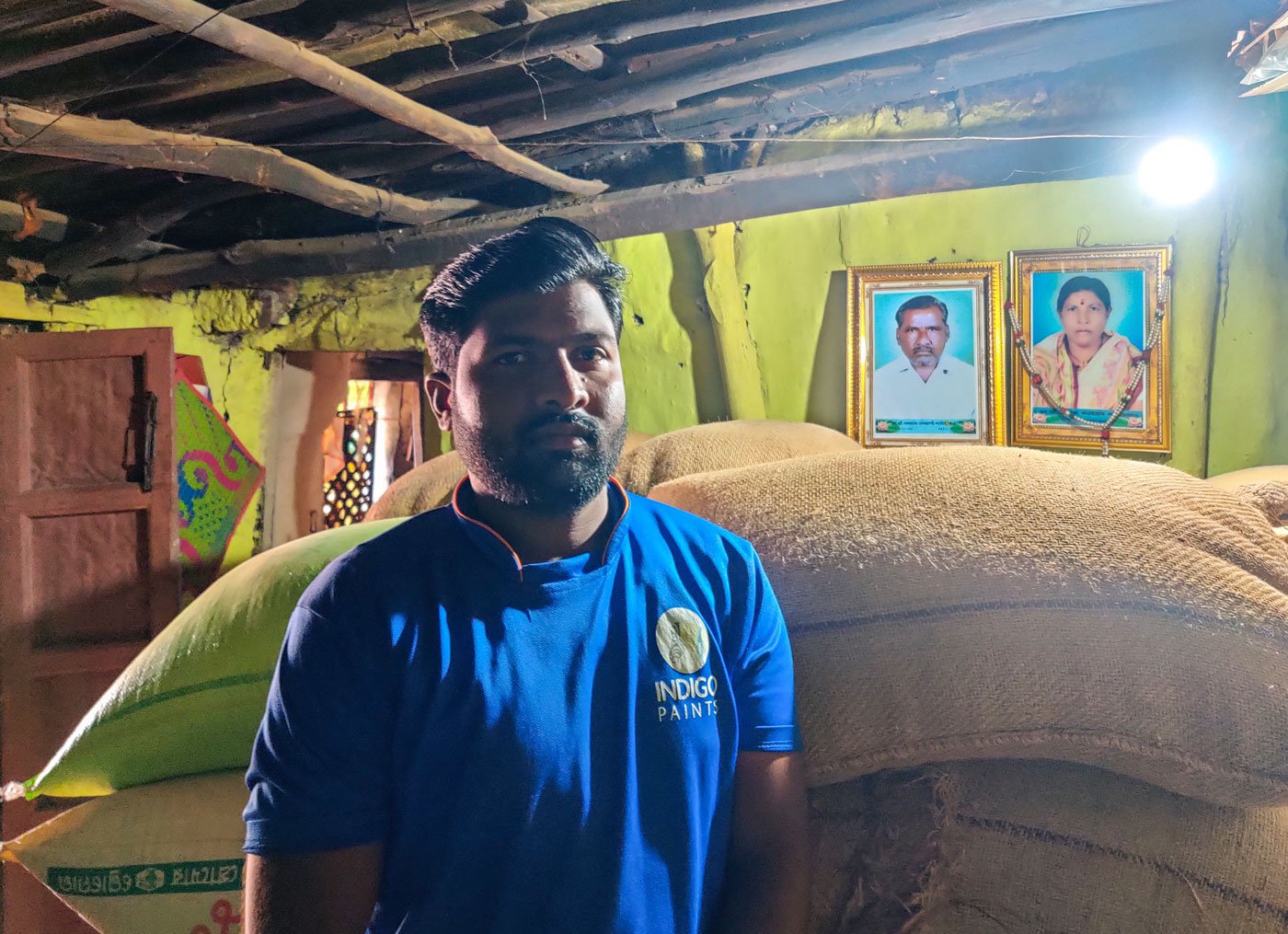 Vijay Marottar in his home in Akpuri. His cotton field in Vidarbha had been devastated by heavy rains in September 2022