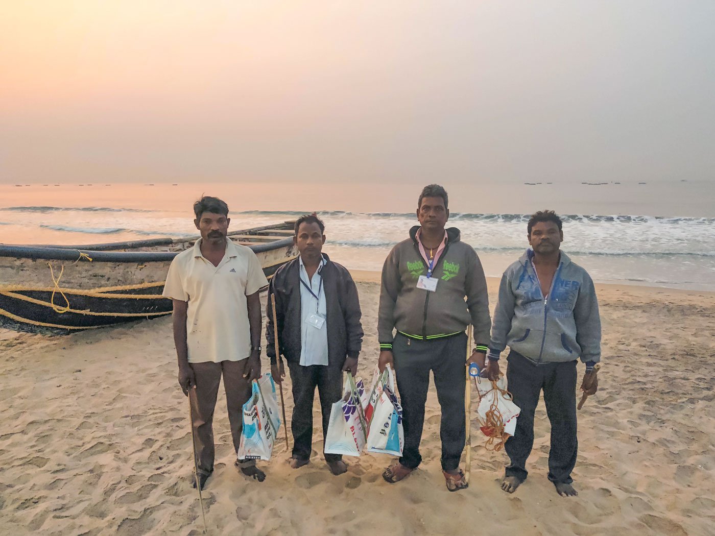 Left to right: Ramolu Lakshmayya, Karri Jallibabu, Puttiyapana Yerranna, and Pulla Polarao are fishermen who also work as guards at a hatchery on RK Beach, Visakhapatnam where they are part of a team conserving the endangered Olive Ridley turtle at risk from climate change and loss of habitats.
