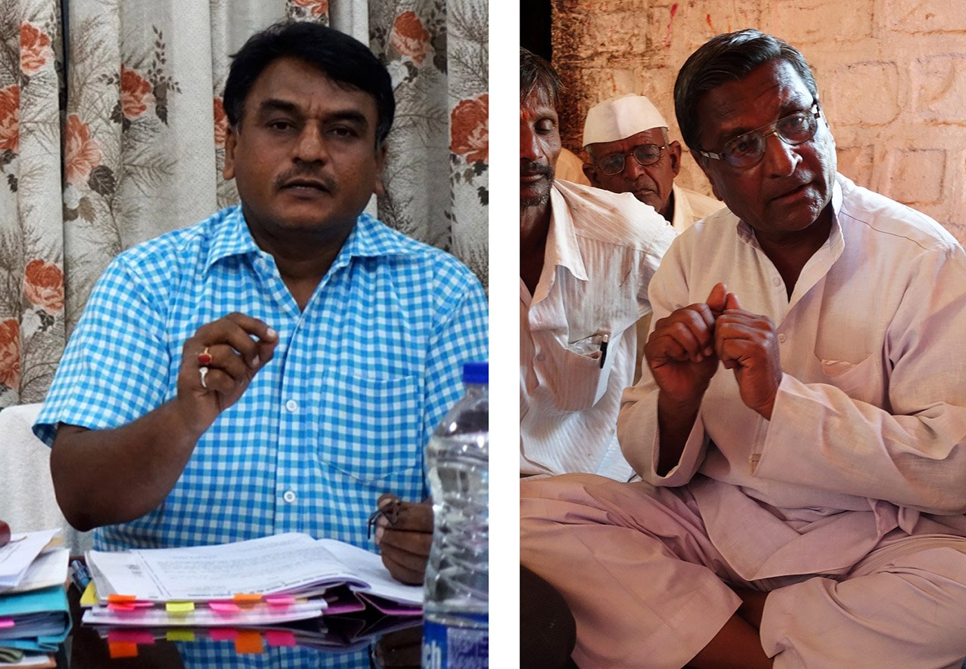 Left: Vijay Ghonse Patil, executive director of the ODCC, at the bank's headquarters in Osmanabad town. Right: A farmer in Lohara block explains the problems they face