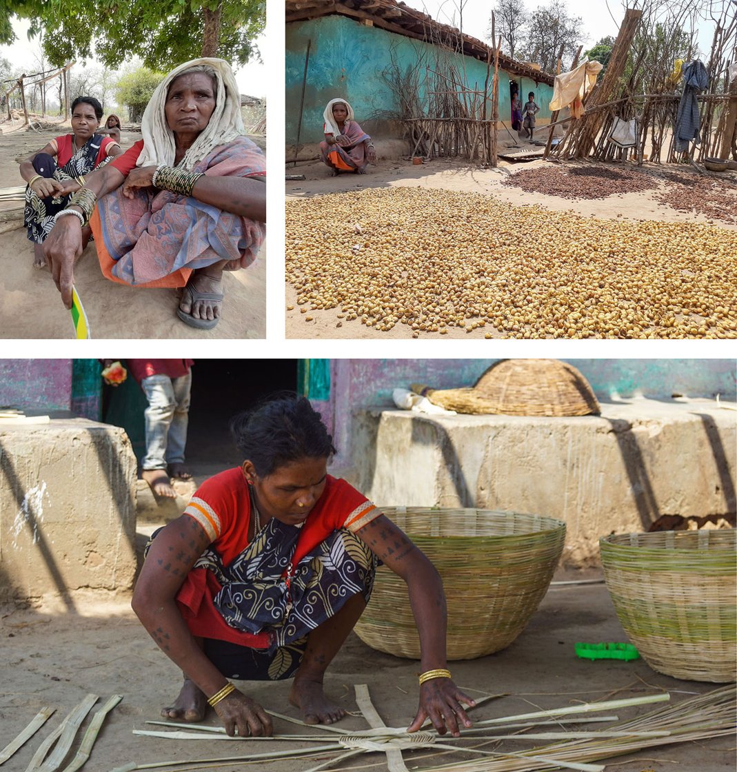 Top row: Samara Bai and others from the Kamar community depend on forest produce like wild mushrooms and taramind. Bottom left: The families of Kauhabahra earn much of their a living by weaving baskets; even children try their hand at it