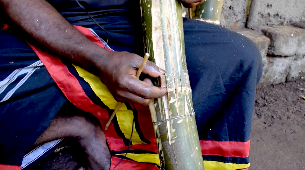 In Parappa village of Kerala, a group of around 15 men drum on ‘grass’ – on the mulam chenda, a bamboo drum.