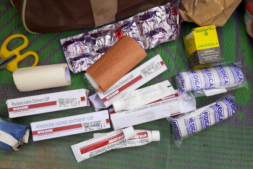 Left: Pills, ointments, gauze and bandage that belong to the cancer patients living on the footpath near the Tata Memorial Hospital. Right: Peels of bananas eaten by Surendra Ram, an oral cancer patient. Surendra survived on the fruit during the Janata Curfew on March 22

