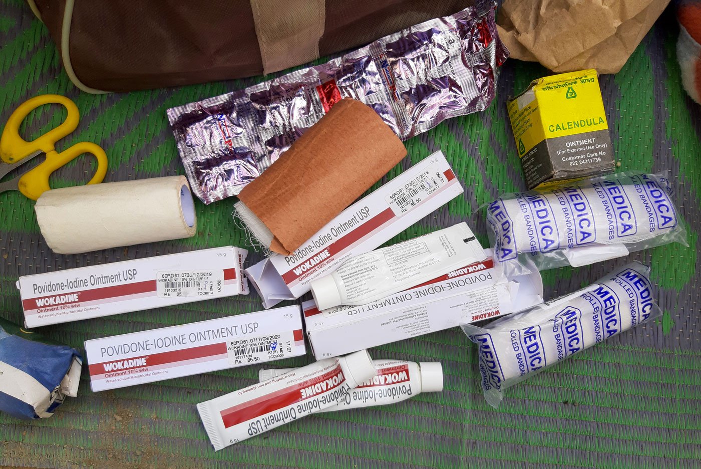 Left: Pills, ointments, gauze and bandage that belong to the cancer patients living on the footpath near the Tata Memorial Hospital. Right: Peels of bananas eaten by Surendra Ram, an oral cancer patient. Surendra survived on the fruit during the Janata Curfew on March 22