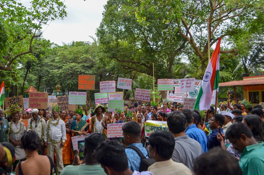 Adivasis from Mumbai gathering in a park near Goregaon check naka before the rally in Mumbai