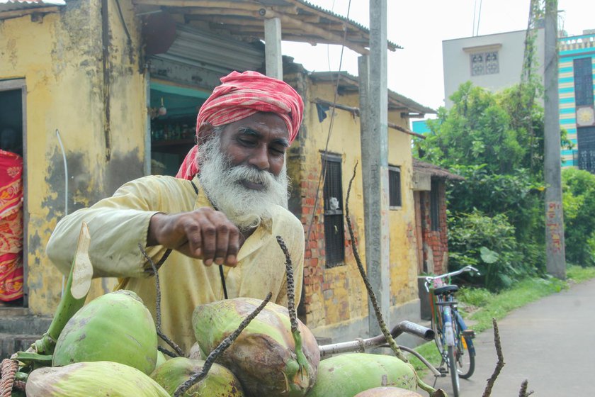 Left: Sukumar selling coconuts on the streets of Santipur.