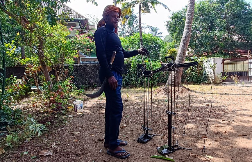 Left: Humayun Sheikh's apparatus that makes it easier for him to climb coconut trees.