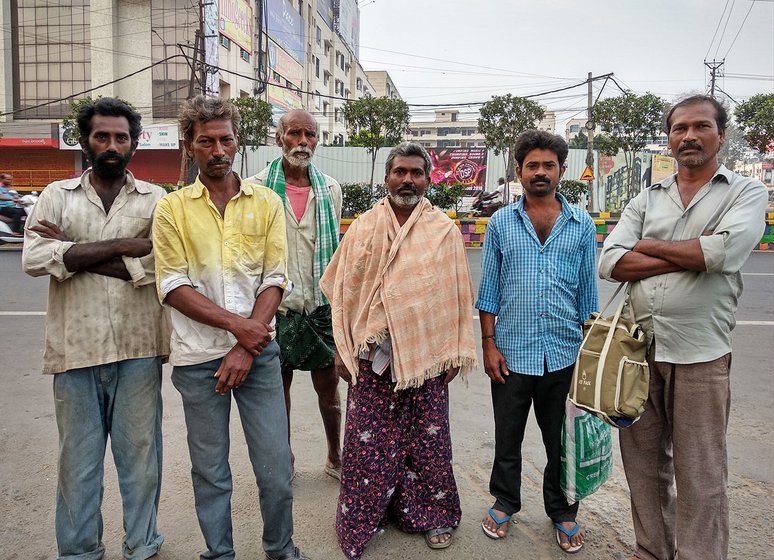 Migrant daily wage labourers seen early morning at the labour adda in Benz Circle looking for some work. Everyday, atleast 1000 people come here for work starting from 6 AM till 10 AM