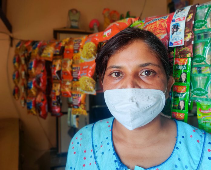 Jayashree Dhaware at her home store and beauty parlour (right). Her journalist husband, Harishchandra, died in April due to Covid