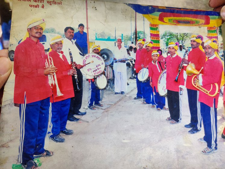 Left: A photo of the band in which Purushottam Misal (seen extreme left) played the trumpet. Right: Baburao Misal with his musical instruments at home