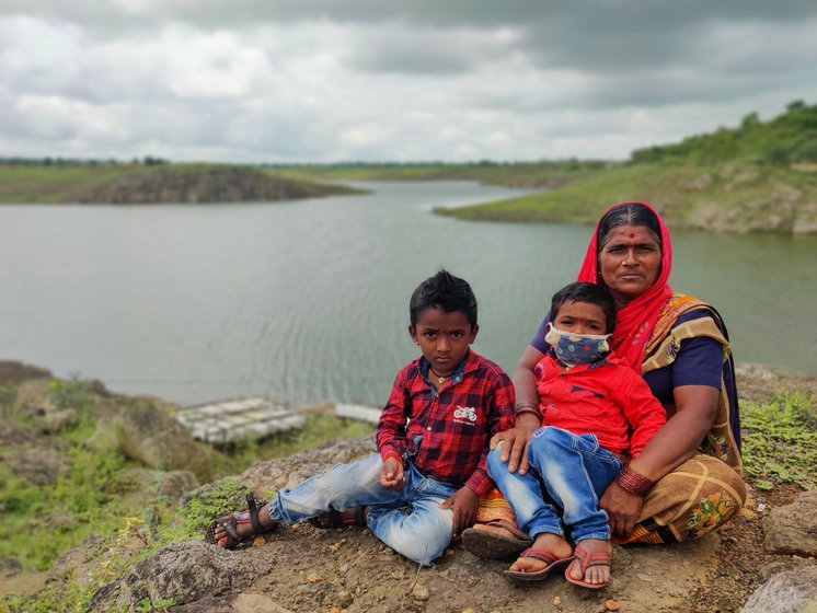 Left: Usha Shinde with her grandsons, Shambhu (in her lap) and Rajveer. Right: Indubai Shinde and the old thermocol raft of Sautada