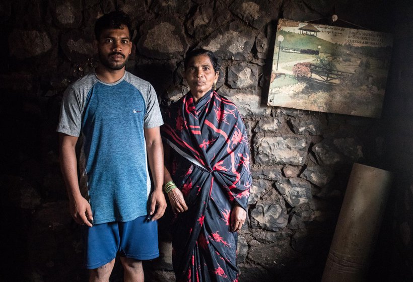 Left: Bajrang and his mother, Pushpa Gaikwad; their house was flooded in July 2021. Right: Coach Maruti Mane inspecting the rain-ravaged taleem. The floods came after a year-plus of no wrestling bouts due the lockdowns