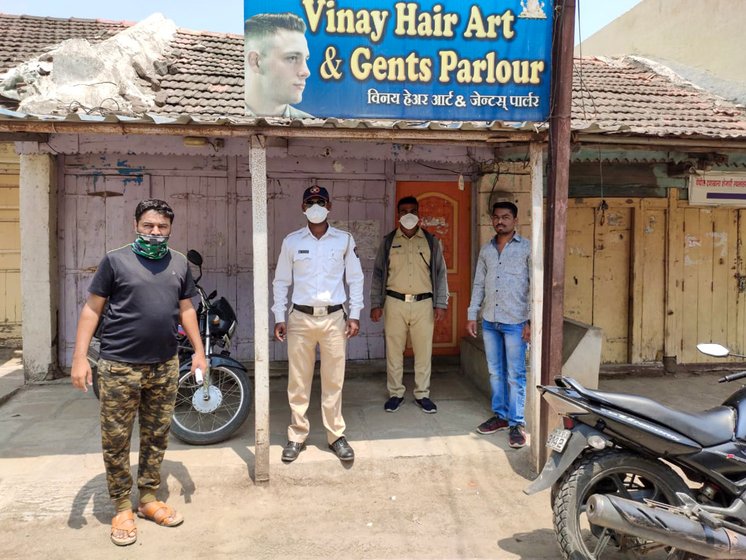 Left: Policemen outside a salon in Jalna town, Jalna district. It isn't only Latur that's affected by the lockdown. Right: A pre-locked-down photo of Mauli Gents Parlour in Udgir town of Latur district


