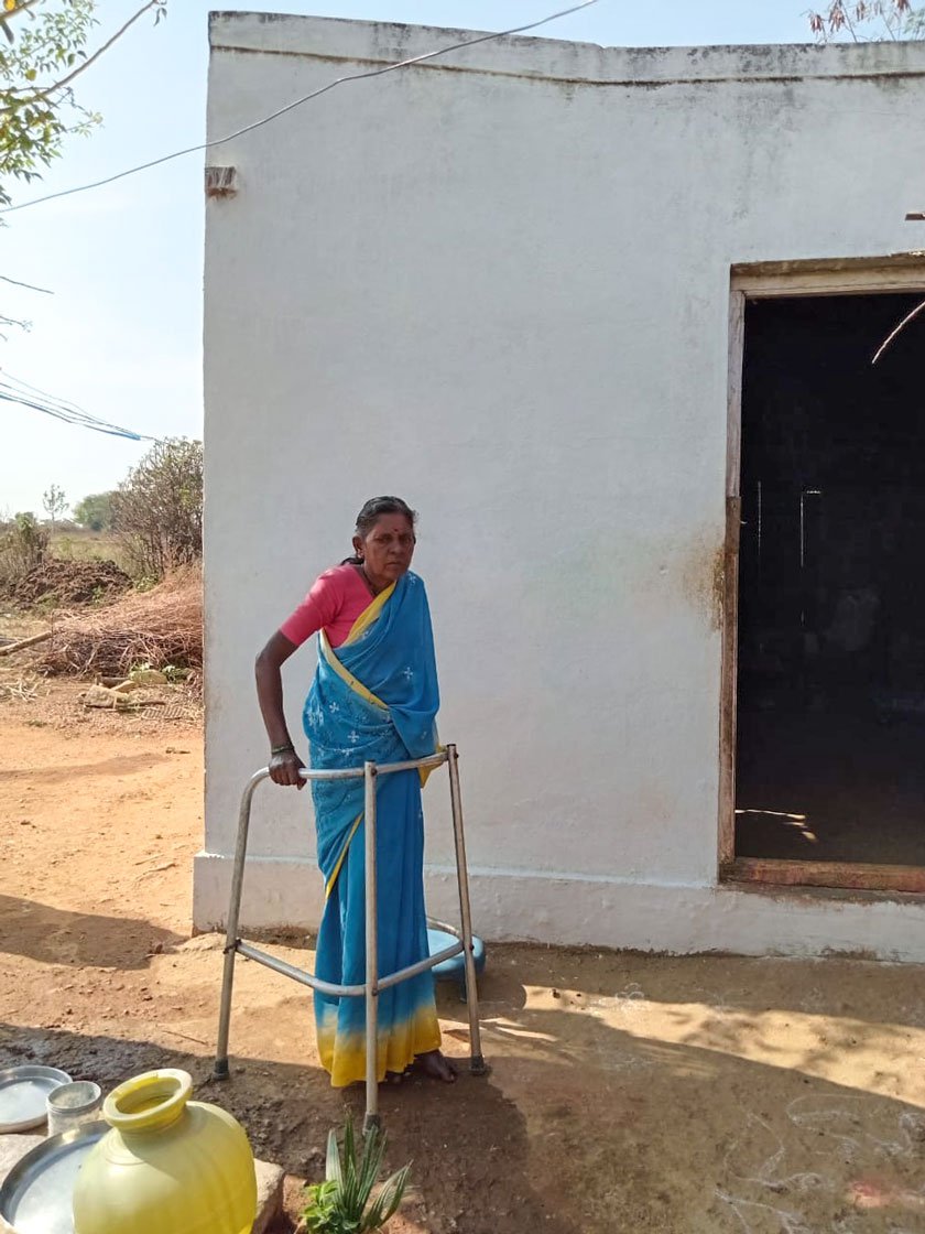 Left: Mahadevamma uses a walker to stroll in the front yard of her house.